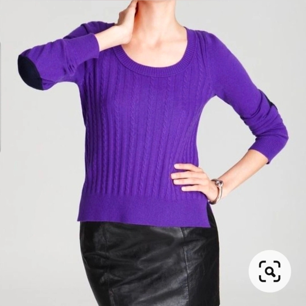 Aqua Cashmere Women Purple Scoop Neck Cable Knit Elbow Patch Hi-Low Sweater Sz M